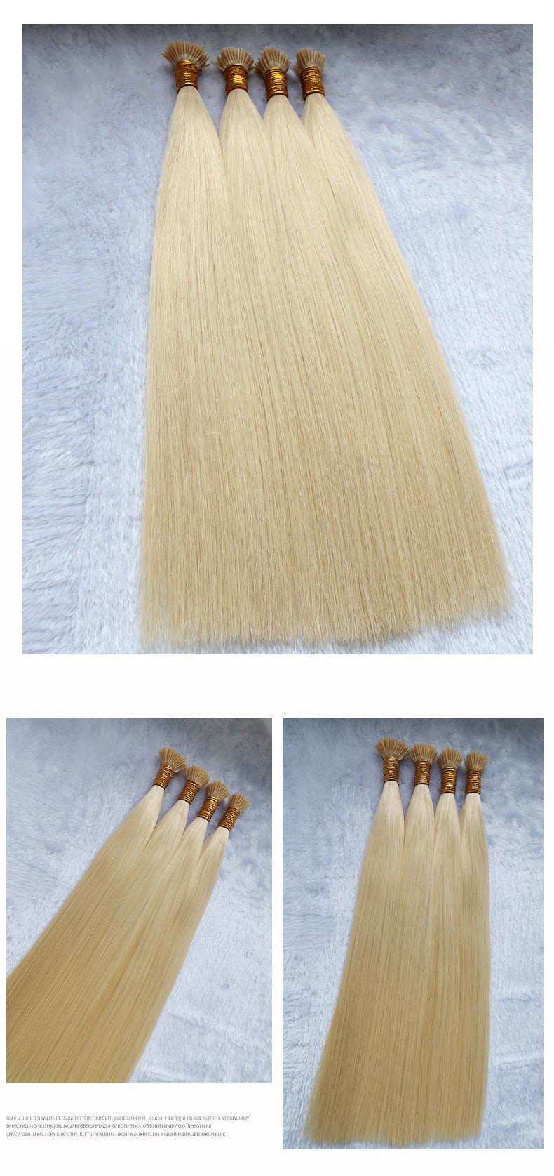 Blonde hair extensions with brown clips on a gray background