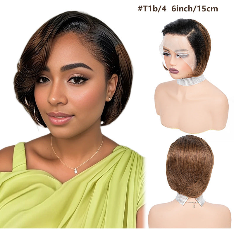 Woman wearing a wig with a mannequin head displaying the wig on a white background.