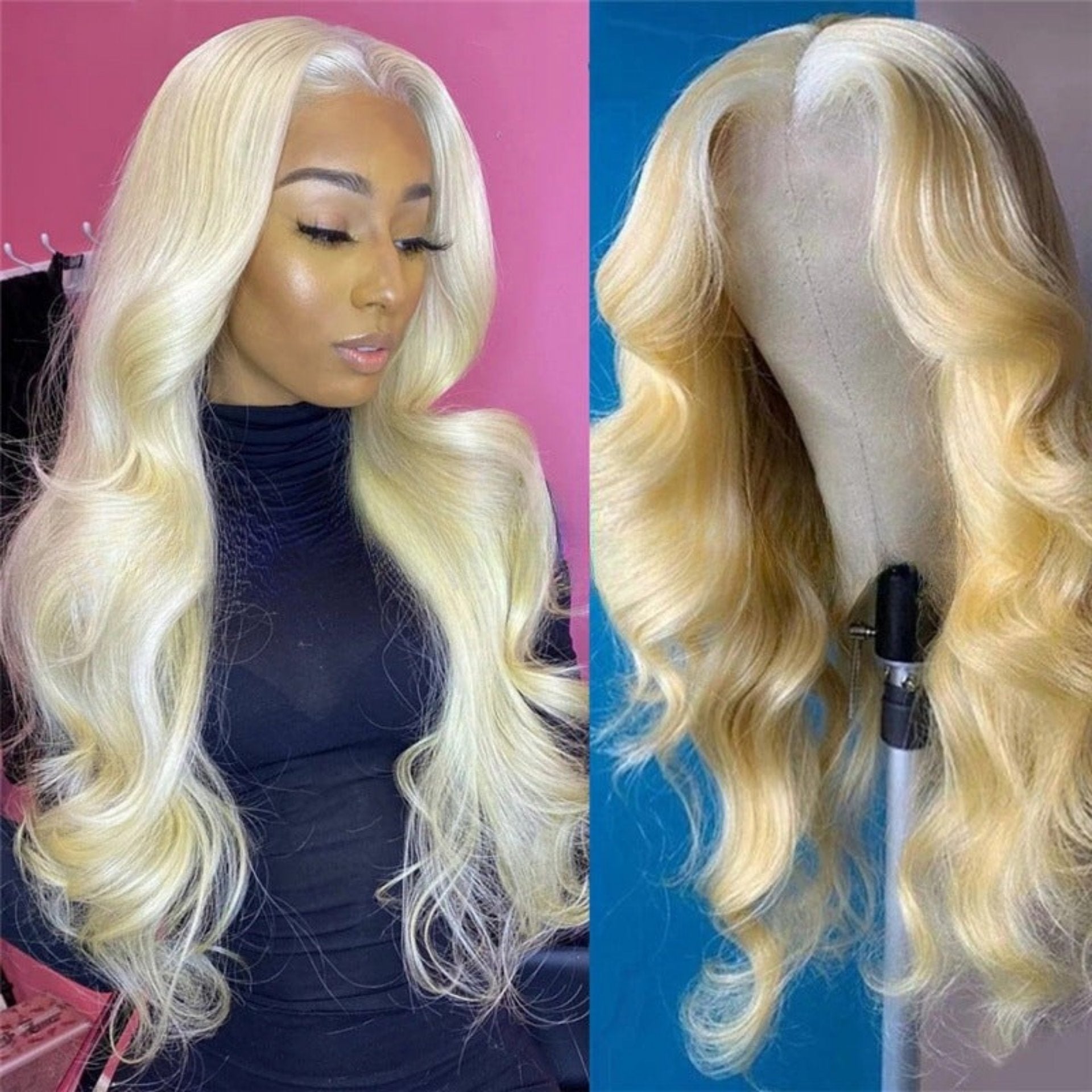 Blonde wig on a mannequin head with a pink and blue background
