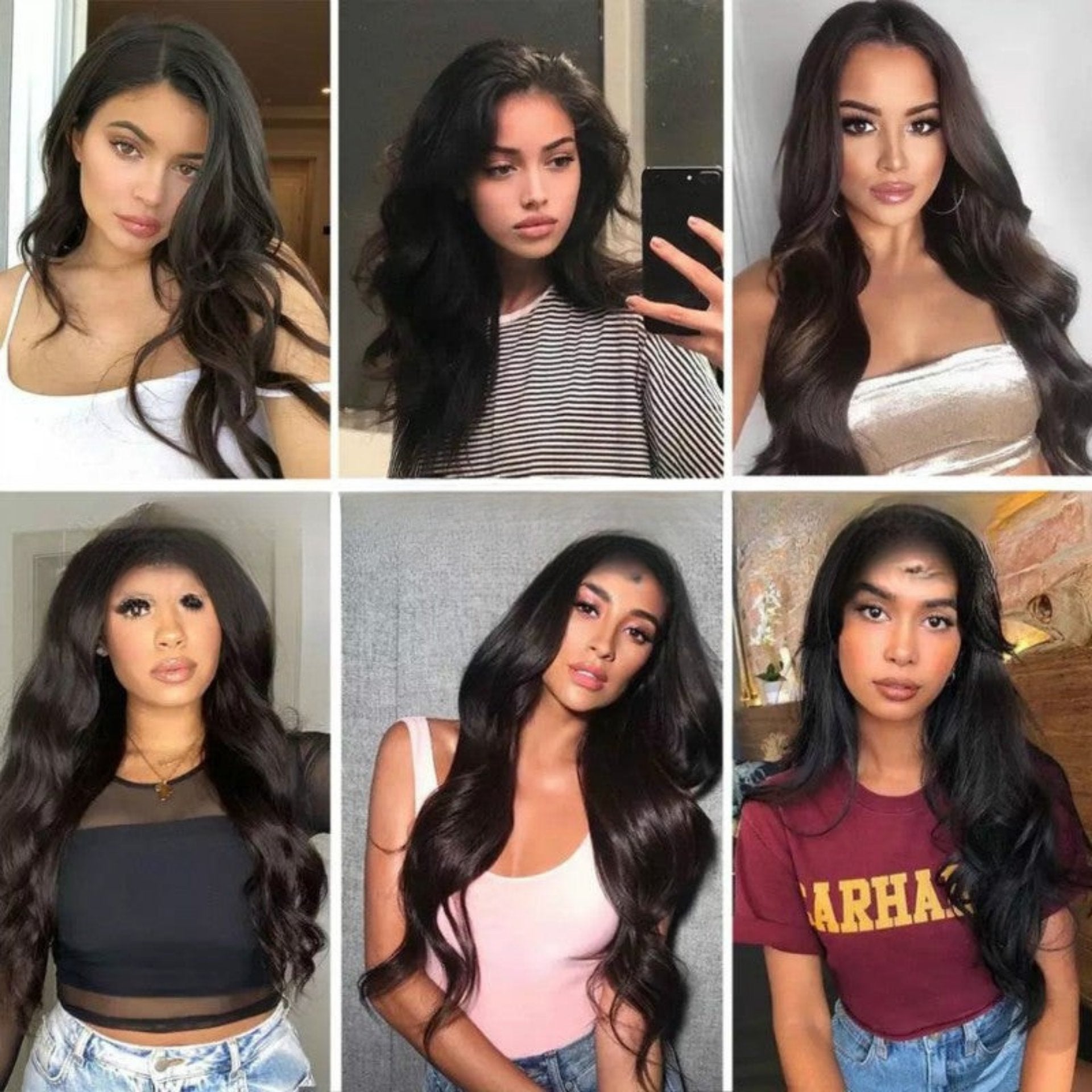 Collage of a woman with long, wavy hair in various outfits.
