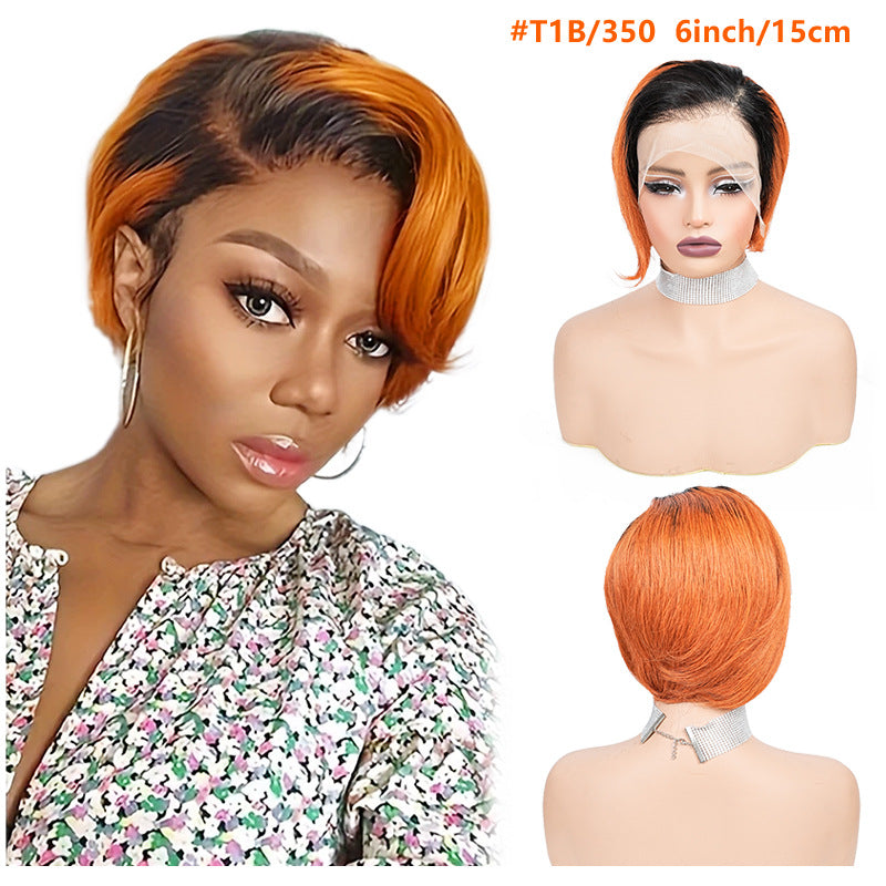 ombre Orange wig on a mannequin head with product details.