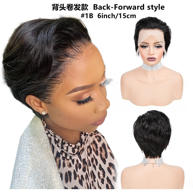 Short black hairstyle with a mannequin head and side view of a woman wearing it.