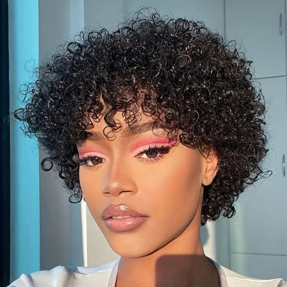 Brazilian Afro Kinky Curly Pixie Bob Wig with Bangs - 99J Burgundy Short Human Hair Wig