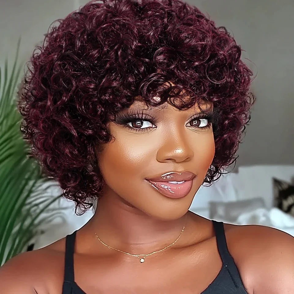 Brazilian Short Bob Pixie Kinky Curly Wig With Bangs | Human Hair | Natural & 99J