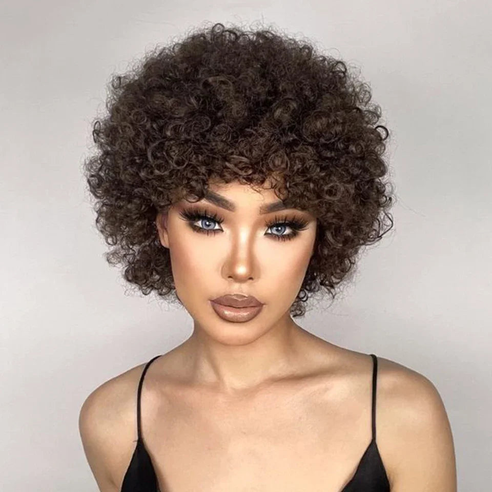 Brazilian Afro Kinky Curly Pixie Bob Wig with Bangs - 99J Burgundy Short Human Hair Wig