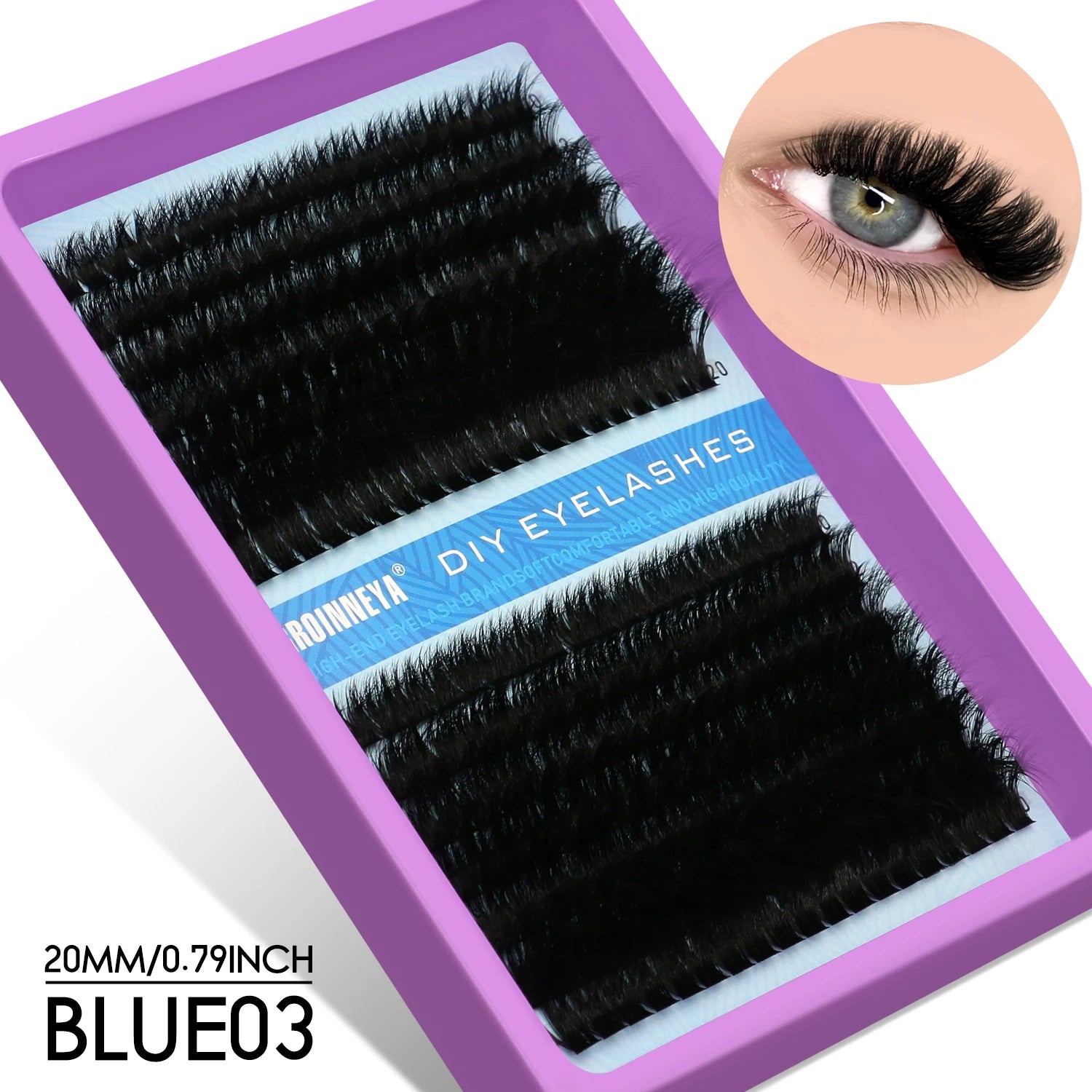 Eyelash packaging with a close-up of an eye wearing the eyelashes, on a white background.