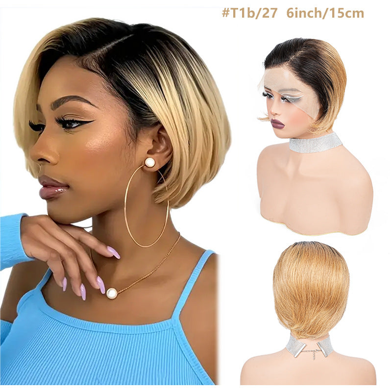 Woman wearing a blonde wig with a mannequin head and close-up views of the wig on a white background.