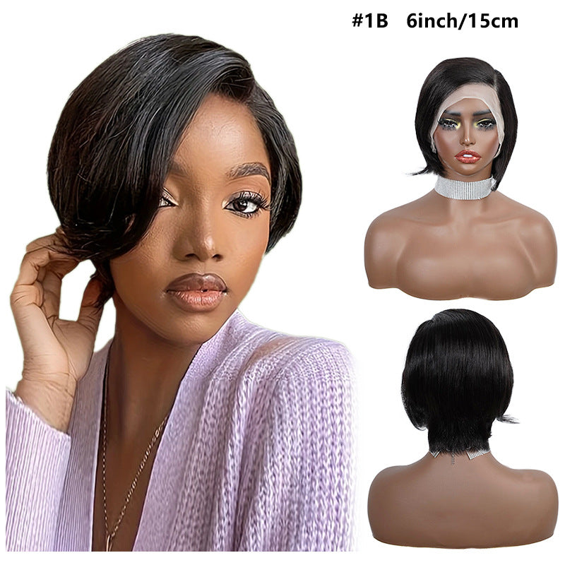 Woman with styled hair and mannequin heads displaying a wig with #1B color and 6-inch length.
