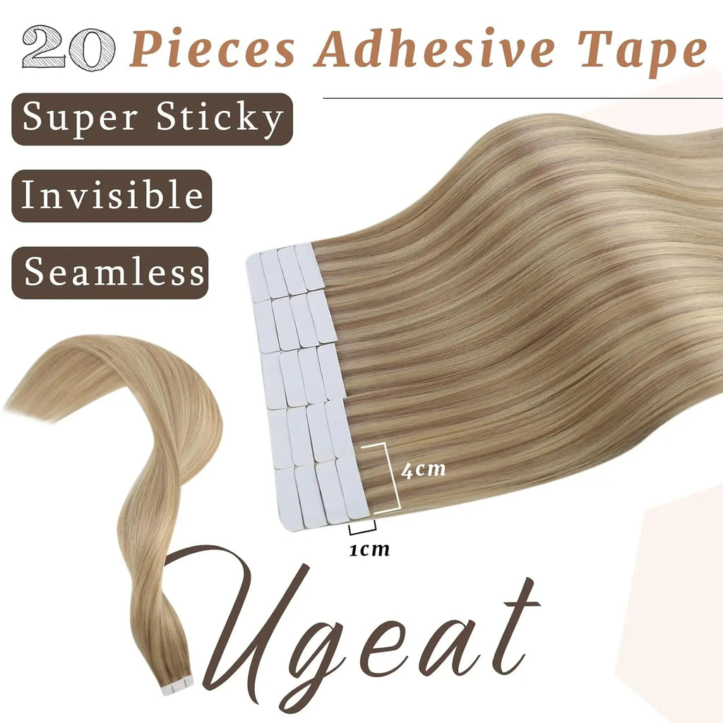Tape in Hair Extensions Human Hair Blonde 20Inch Remy Tape in Human Hair Extensions Dark Ash Blonde Highlights Double Side