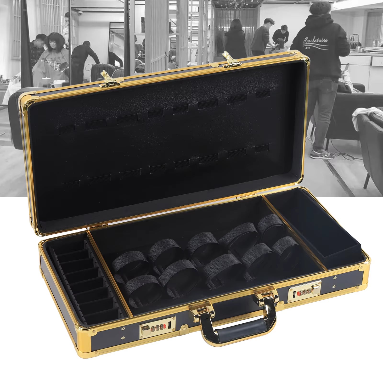 Barber Case Organizer, High-Quality Aluminum Alloy and Fireproof Panel, Three Compartments for Scissors and Hair Tools,