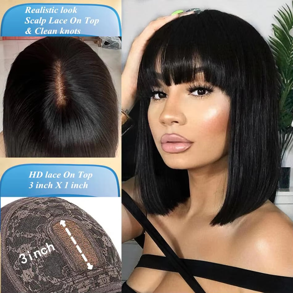 3X1 Middle Part Lace Wig Bob Wigs Full Machine Made Bone Straight Human Hair Wigs with Bangs Short Bob Human Hair Wigs for Women