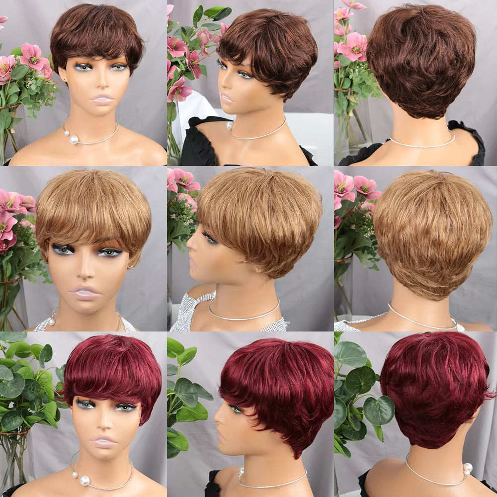Brown Short Pixie Cut Wig Human Hair for Black Women Machine Made Wigs with Bangs Colored Brazilian Wig Human Hair Wigs