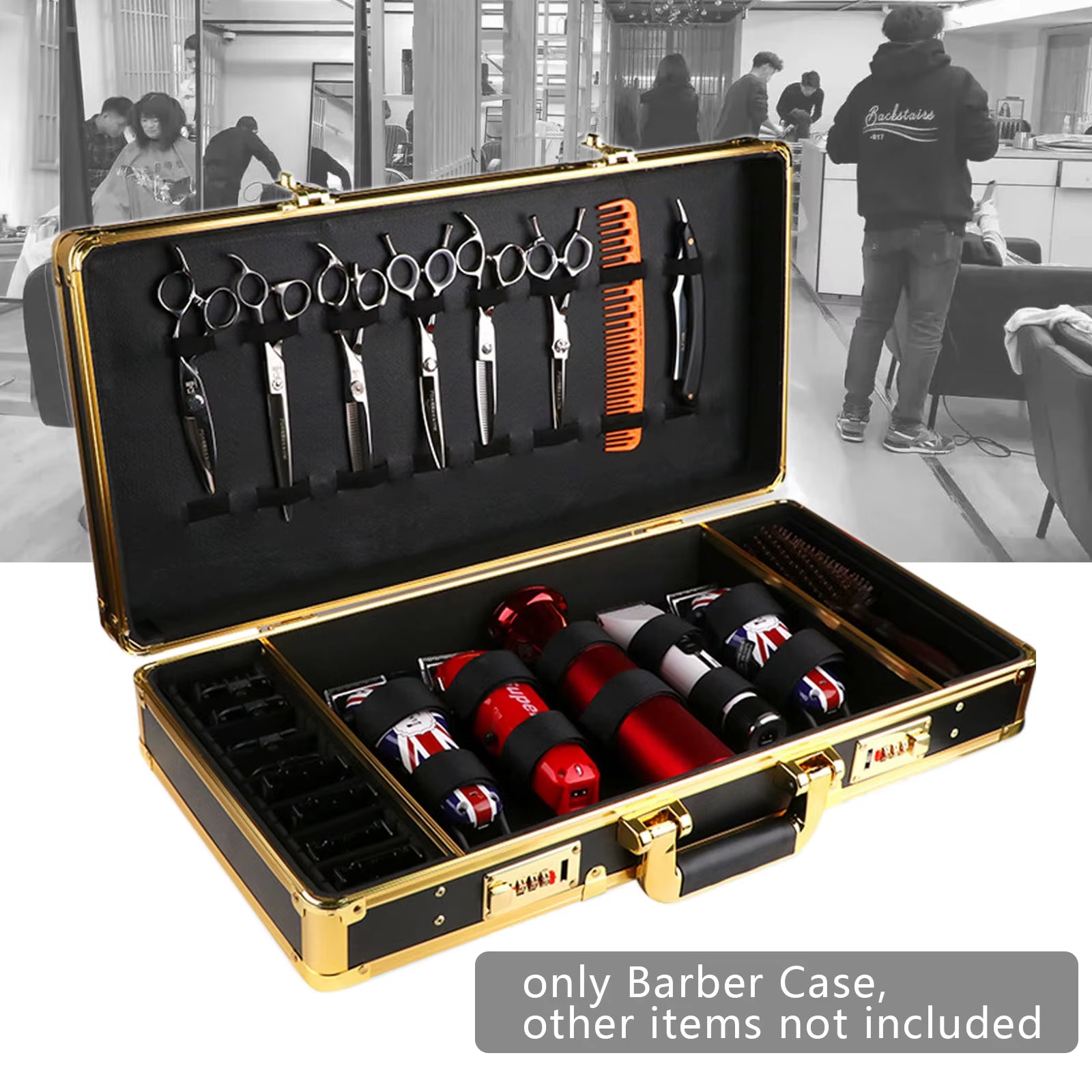 Barber Case Organizer, High-Quality Aluminum Alloy and Fireproof Panel, Three Compartments for Scissors and Hair Tools,