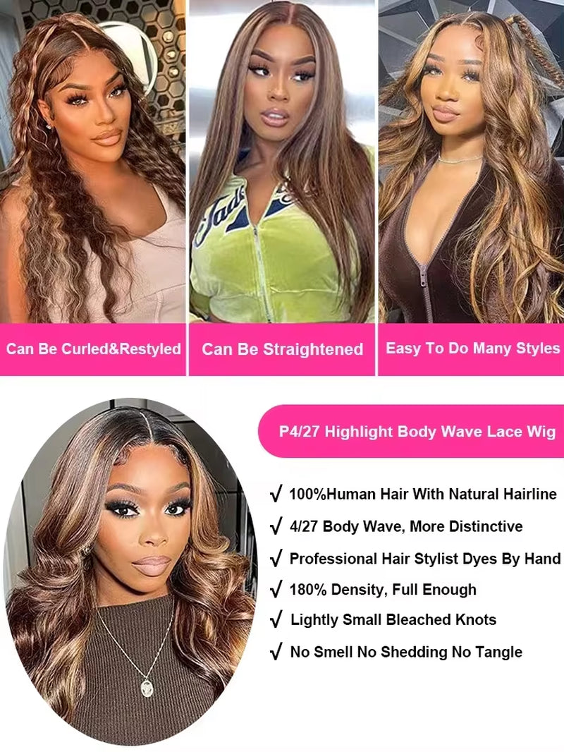 46 Inch Highlight Lace Front Human Hair Wigs 13X4 13X6 Body Wave Wigs HD Lace Frontal Wigs Pre Plucked with Baby Hair for Women