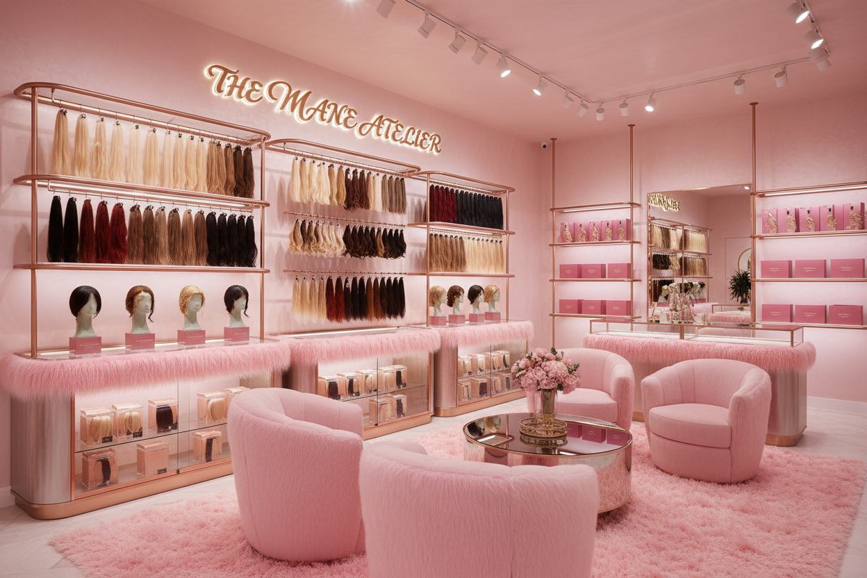 Hair extension Store in pink fur with focus on hair exyension products