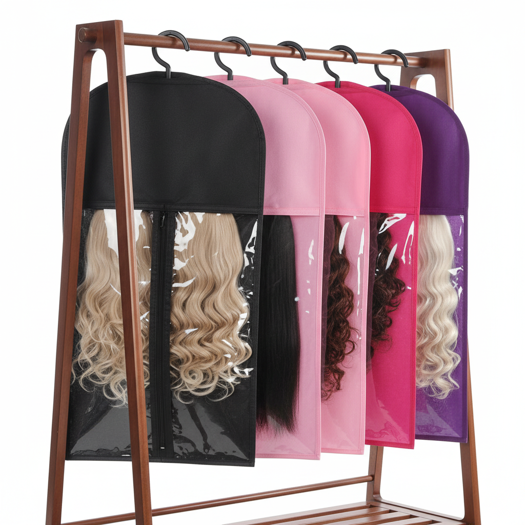 Hair extension storage bag with hook for organizing wigs and bundles